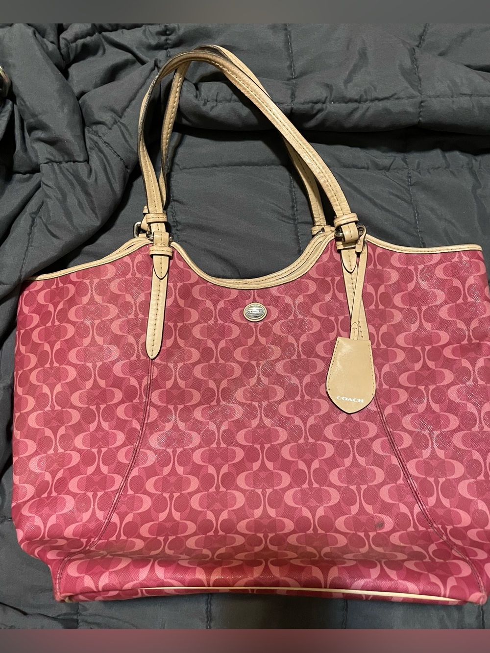 Coach Peyton Dream Pink Signature Canvas Tote with Tan Leather Handles